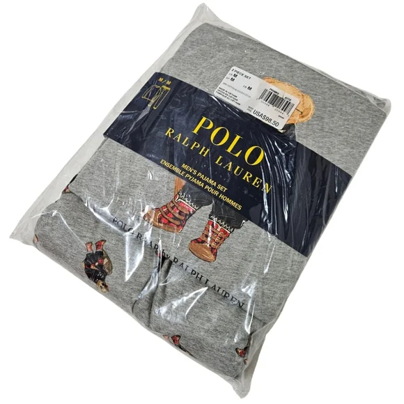 Polo Ralph Lauren Bear Pajama Set Men Medium Gray 100% Cotton - Picture 2 of 3